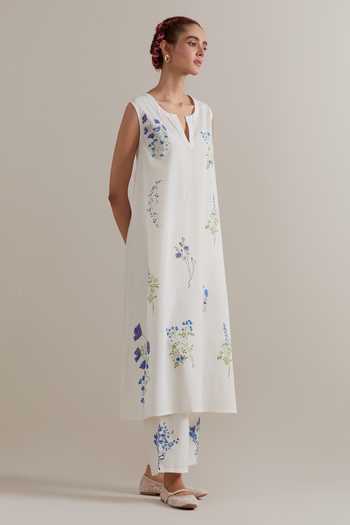 Buy_Upavita_Blue Cotton, Chanderi Tassels Round Neck Printed Kurta Set _Online_at_Aza_Fashions