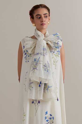 Shop_Upavita_Blue Cotton, Chanderi Tassels Round Neck Printed Kurta Set _Online_at_Aza_Fashions