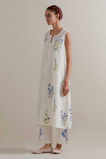 Upavita_Blue Cotton, Chanderi Tassels Round Neck Printed Kurta Set _at_Aza_Fashions
