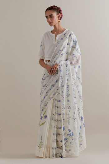 Upavita_Pink Cotton, Chanderi Beads, Tassels Split V-neck Saree And Blouse Set _Online_at_Aza_Fashions