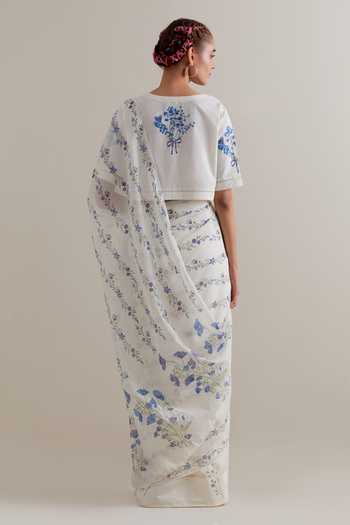 Shop_Upavita_Pink Cotton, Chanderi Beads, Tassels Split V-neck Saree And Blouse Set _at_Aza_Fashions