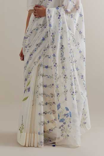 Shop_Upavita_Pink Cotton, Chanderi Beads, Tassels Split V-neck Saree And Blouse Set _Online_at_Aza_Fashions