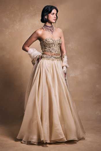 Buy_Tamanna Punjabi Kapoor_Gold Silk, Organza Embroidery, Sequins, Pearls, Embellished Blouse Lehenga Set _at_Aza_Fashions