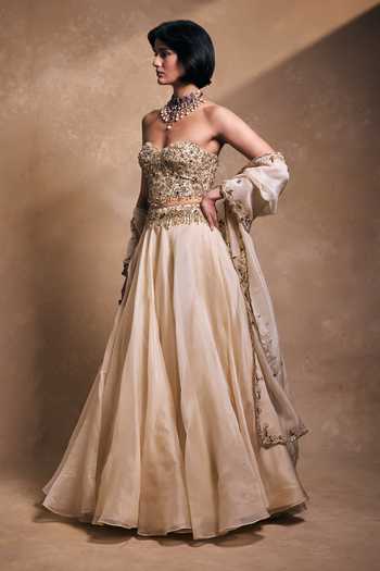 Shop_Tamanna Punjabi Kapoor_Gold Silk, Organza Embroidery, Sequins, Pearls, Embellished Blouse Lehenga Set _at_Aza_Fashions