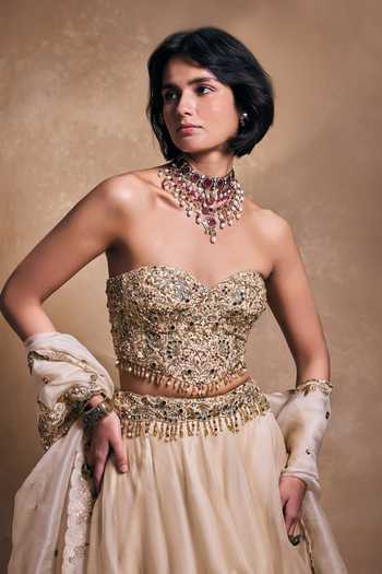 Tamanna Punjabi Kapoor_Gold Silk, Organza Embroidery, Sequins, Pearls, Embellished Blouse Lehenga Set _Online_at_Aza_Fashions