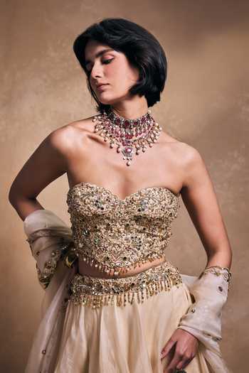 Buy_Tamanna Punjabi Kapoor_Gold Silk, Organza Embroidery, Sequins, Pearls, Embellished Blouse Lehenga Set _Online_at_Aza_Fashions