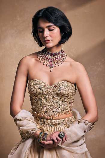 Shop_Tamanna Punjabi Kapoor_Gold Silk, Organza Embroidery, Sequins, Pearls, Embellished Blouse Lehenga Set _Online_at_Aza_Fashions