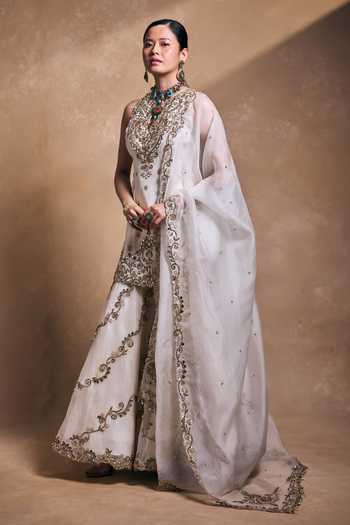 Tamanna Punjabi Kapoor_Ivory Silk, Organza Sequins, Pearls, Zari, Stones, Embellished Kurta Gharara Set _Online_at_Aza_Fashions