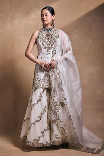 Buy_Tamanna Punjabi Kapoor_Ivory Silk, Organza Sequins, Pearls, Zari, Stones, Embellished Kurta Gharara Set _Online_at_Aza_Fashions