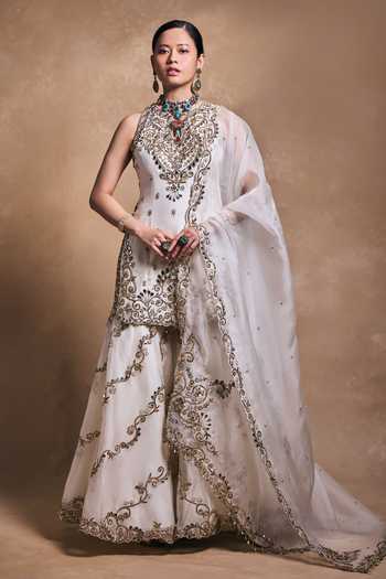 Buy_Tamanna Punjabi Kapoor_Ivory Silk, Organza Sequins, Pearls, Zari, Stones, Embellished Kurta Gharara Set _at_Aza_Fashions