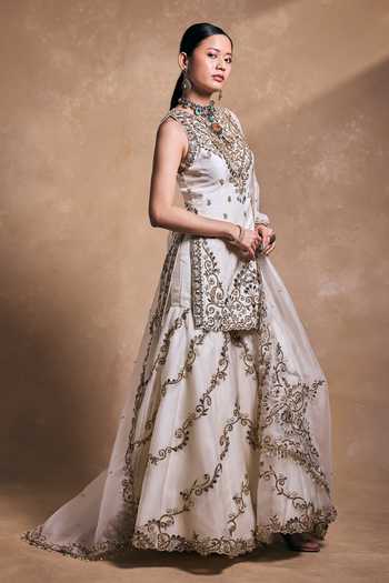 Shop_Tamanna Punjabi Kapoor_Ivory Silk, Organza Sequins, Pearls, Zari, Stones, Embellished Kurta Gharara Set _Online_at_Aza_Fashions