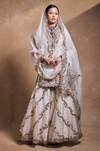 Shop_Tamanna Punjabi Kapoor_Ivory Silk, Organza Sequins, Pearls, Zari, Stones, Embellished Kurta Gharara Set _at_Aza_Fashions