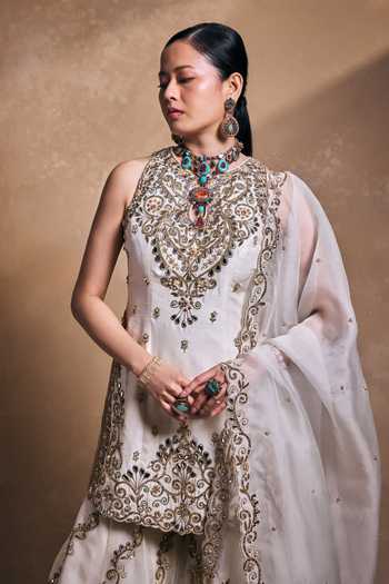 Tamanna Punjabi Kapoor_Ivory Silk, Organza Sequins, Pearls, Zari, Stones, Embellished Kurta Gharara Set _at_Aza_Fashions