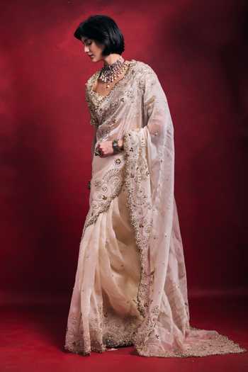 Tamanna Punjabi Kapoor_Cream Organza, Satin, Tissue Embroidery, Sequins, Pearls, Zari, Saree Set _Online_at_Aza_Fashions