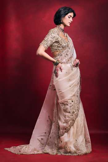 Shop_Tamanna Punjabi Kapoor_Cream Organza, Satin, Tissue Embroidery, Sequins, Pearls, Zari, Saree Set _at_Aza_Fashions