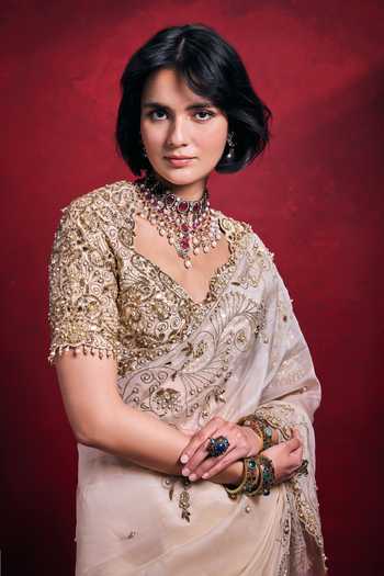 Buy_Tamanna Punjabi Kapoor_Cream Organza, Satin, Tissue Embroidery, Sequins, Pearls, Zari, Saree Set _Online_at_Aza_Fashions
