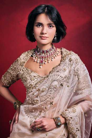 Shop_Tamanna Punjabi Kapoor_Cream Organza, Satin, Tissue Embroidery, Sequins, Pearls, Zari, Saree Set _Online_at_Aza_Fashions