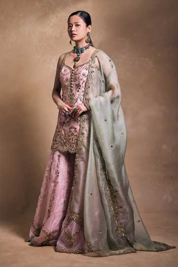 Shop_Tamanna Punjabi Kapoor_Blush Silk, Organza Sequins, Pearls, Zari, Embellished Raw Kurta Sharara Set _at_Aza_Fashions