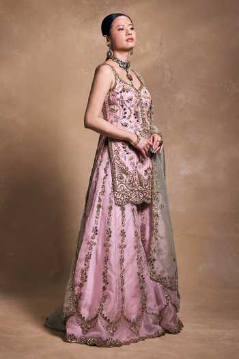 Tamanna Punjabi Kapoor_Blush Silk, Organza Sequins, Pearls, Zari, Embellished Raw Kurta Sharara Set _Online_at_Aza_Fashions