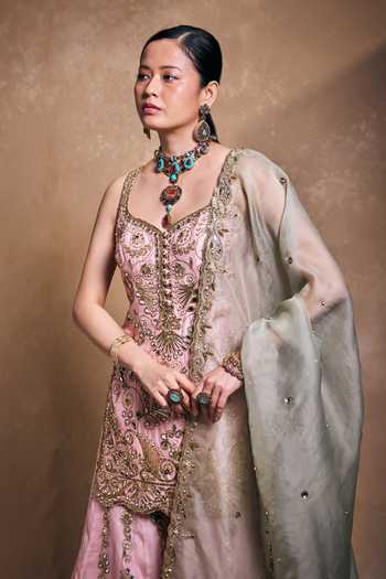 Buy_Tamanna Punjabi Kapoor_Blush Silk, Organza Sequins, Pearls, Zari, Embellished Raw Kurta Sharara Set _Online_at_Aza_Fashions
