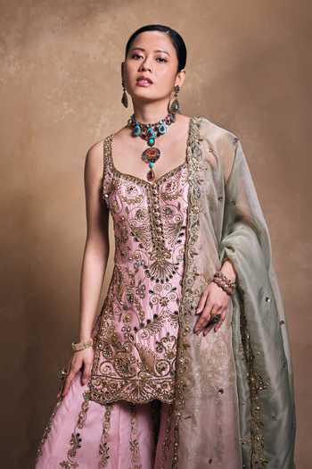 Shop_Tamanna Punjabi Kapoor_Blush Silk, Organza Sequins, Pearls, Zari, Embellished Raw Kurta Sharara Set _Online_at_Aza_Fashions