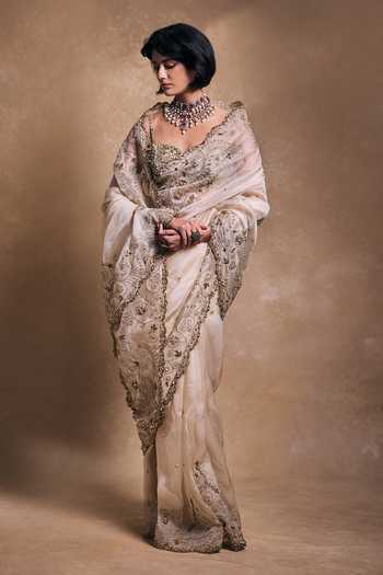 Shop_Tamanna Punjabi Kapoor_Cream Silk, Organza, Satin Sequins, Pearls, Zari, Stones, Embroidered Saree Set _at_Aza_Fashions