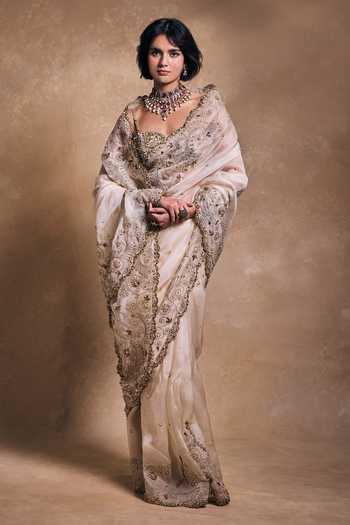 Buy_Tamanna Punjabi Kapoor_Cream Silk, Organza, Satin Sequins, Pearls, Zari, Stones, Embroidered Saree Set _at_Aza_Fashions