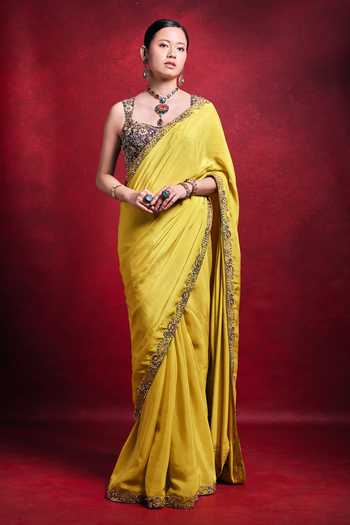 Buy_Tamanna Punjabi Kapoor_Yellow Crepe, Satin Embroidery, Sequins, Pearls, Bordered Saree And Blouse Set _at_Aza_Fashions