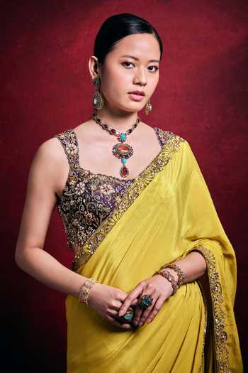 Tamanna Punjabi Kapoor_Yellow Crepe, Satin Embroidery, Sequins, Pearls, Bordered Saree And Blouse Set _Online_at_Aza_Fashions