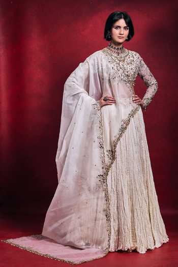 Shop_Tamanna Punjabi Kapoor_Ivory Silk, Organza, Net, Shantoon Embroidery, Crushed Lehenga Blouse Set _at_Aza_Fashions