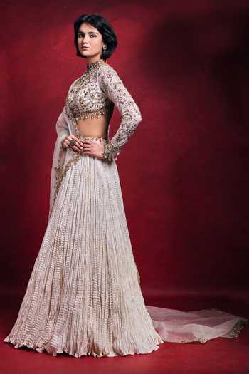 Buy_Tamanna Punjabi Kapoor_Ivory Silk, Organza, Net, Shantoon Embroidery, Crushed Lehenga Blouse Set _Online_at_Aza_Fashions