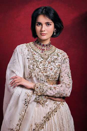 Shop_Tamanna Punjabi Kapoor_Ivory Silk, Organza, Net, Shantoon Embroidery, Crushed Lehenga Blouse Set _Online_at_Aza_Fashions