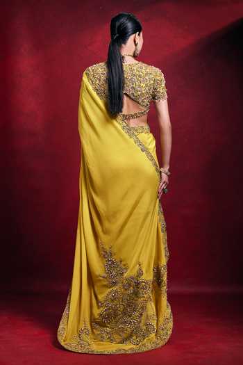 Tamanna Punjabi Kapoor_Yellow Crepe, Satin Sequins, Pearls, Zari V-neck Saree And Embroidered Blouse Set _Online_at_Aza_Fashions