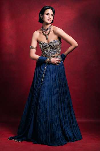 Tamanna Punjabi Kapoor_Blue Sequins, Pearls, Zari, Stones, Crushed Lehenga Embroidered Blouse Set _Online_at_Aza_Fashions