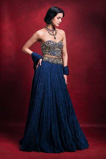 Shop_Tamanna Punjabi Kapoor_Blue Sequins, Pearls, Zari, Stones, Crushed Lehenga Embroidered Blouse Set _Online_at_Aza_Fashions