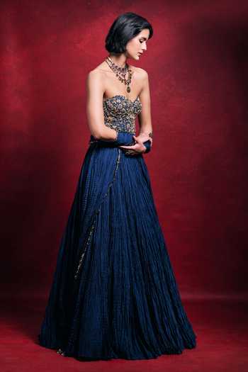 Tamanna Punjabi Kapoor_Blue Sequins, Pearls, Zari, Stones, Crushed Lehenga Embroidered Blouse Set _at_Aza_Fashions