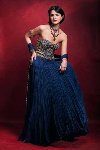 Buy_Tamanna Punjabi Kapoor_Blue Sequins, Pearls, Zari, Stones, Crushed Lehenga Embroidered Blouse Set 