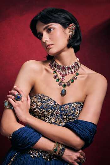 Shop_Tamanna Punjabi Kapoor_Blue Sequins, Pearls, Zari, Stones, Crushed Lehenga Embroidered Blouse Set 
