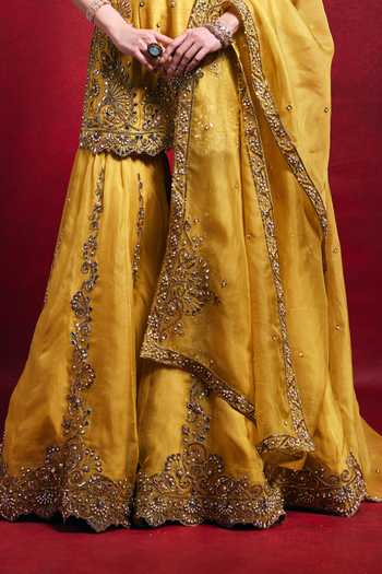 Buy_Tamanna Punjabi Kapoor_Mustard Silk, Organza Embroidery, Sequins, Pearls, Zari, Raw Kurta Gharara Set _Online_at_Aza_Fashions