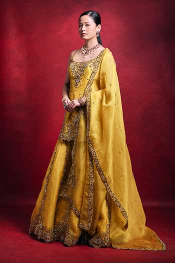 Tamanna Punjabi Kapoor_Mustard Silk, Organza Embroidery, Sequins, Pearls, Zari, Raw Kurta Gharara Set _Online_at_Aza_Fashions