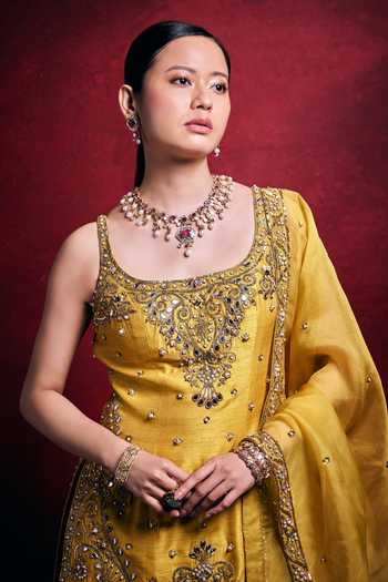 Shop_Tamanna Punjabi Kapoor_Mustard Silk, Organza Embroidery, Sequins, Pearls, Zari, Raw Kurta Gharara Set _Online_at_Aza_Fashions