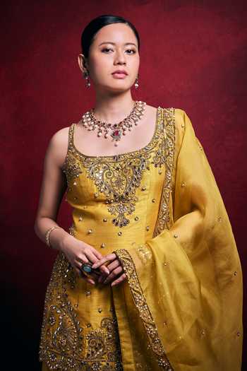 Shop_Tamanna Punjabi Kapoor_Mustard Silk, Organza Embroidery, Sequins, Pearls, Zari, Raw Kurta Gharara Set _at_Aza_Fashions