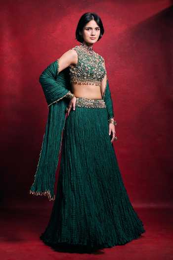Shop_Tamanna Punjabi Kapoor_Emerald Green Silk, Shantoon Embroidery, Crushed Lehenga Floral Blouse Set _at_Aza_Fashions