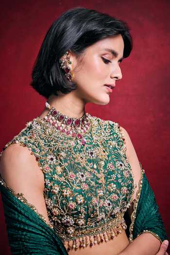 Tamanna Punjabi Kapoor_Emerald Green Silk, Shantoon Embroidery, Crushed Lehenga Floral Blouse Set _Online_at_Aza_Fashions