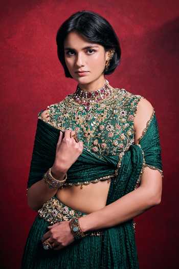 Buy_Tamanna Punjabi Kapoor_Emerald Green Silk, Shantoon Embroidery, Crushed Lehenga Floral Blouse Set _Online_at_Aza_Fashions
