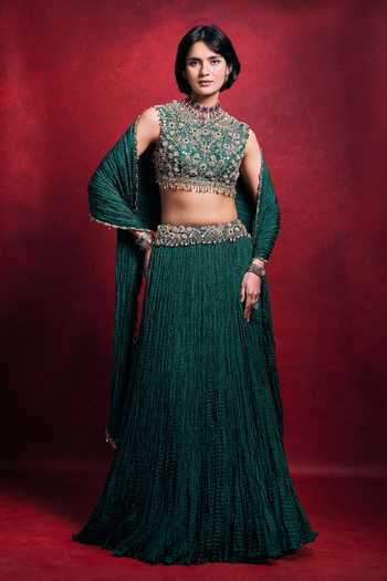 Buy_Tamanna Punjabi Kapoor_Emerald Green Silk, Shantoon Embroidery, Crushed Lehenga Floral Blouse Set _at_Aza_Fashions