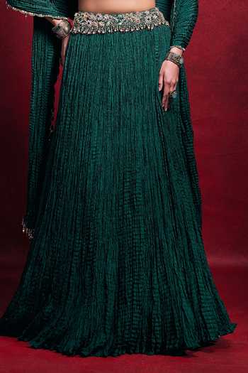 Shop_Tamanna Punjabi Kapoor_Emerald Green Silk, Shantoon Embroidery, Crushed Lehenga Floral Blouse Set _Online_at_Aza_Fashions