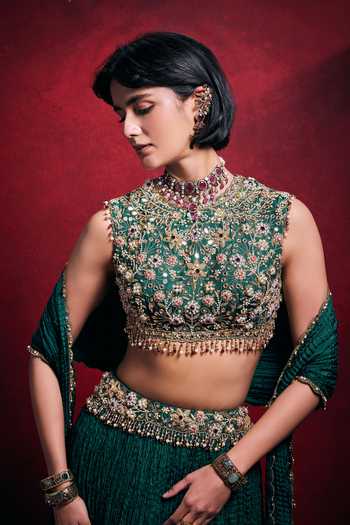 Tamanna Punjabi Kapoor_Emerald Green Silk, Shantoon Embroidery, Crushed Lehenga Floral Blouse Set _at_Aza_Fashions