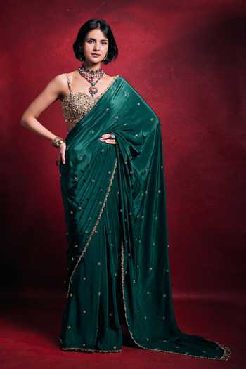 Buy_Tamanna Punjabi Kapoor_Emerald Green Crepe, Satin, Tissue Sequins, Pearls, Zari, Stones, Saree Set _at_Aza_Fashions