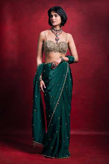 Tamanna Punjabi Kapoor_Emerald Green Crepe, Satin, Tissue Sequins, Pearls, Zari, Stones, Saree Set _Online_at_Aza_Fashions